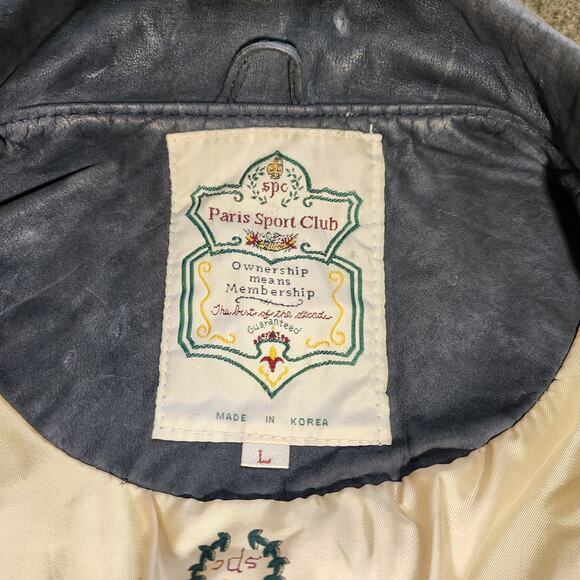 Vintage Blue Leather Bomber Jacket Size Large Men's Made in Korea Paris Sport - Picture 7 of 10